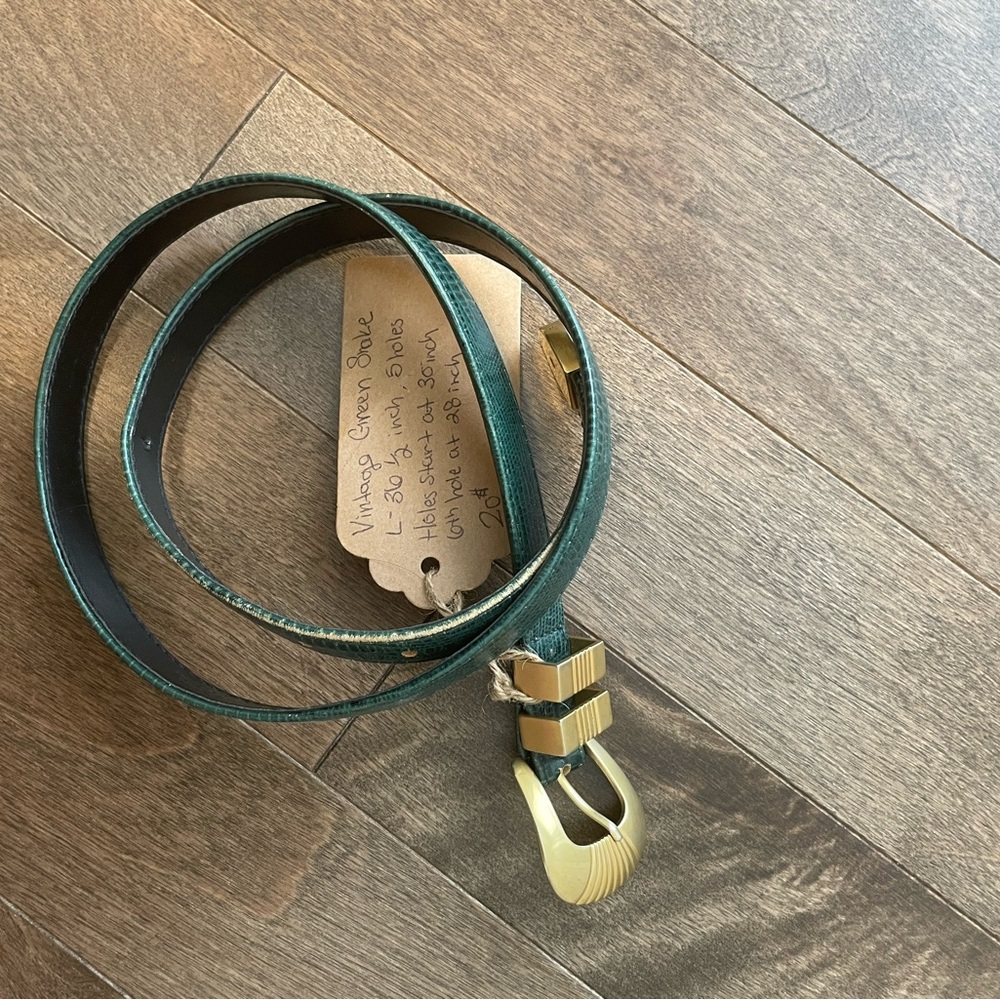 Green Leather Belt with Gold Buckle